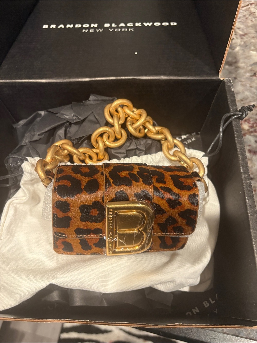 Brandon Blackwood Leopard Mini Bag with Bold Gold Chain